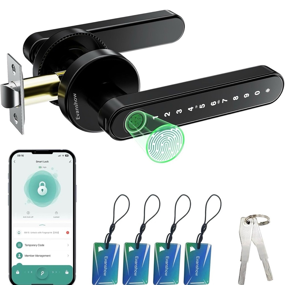 Evanshow Black Smart Door Lock with Keypad and Fingerprint Access